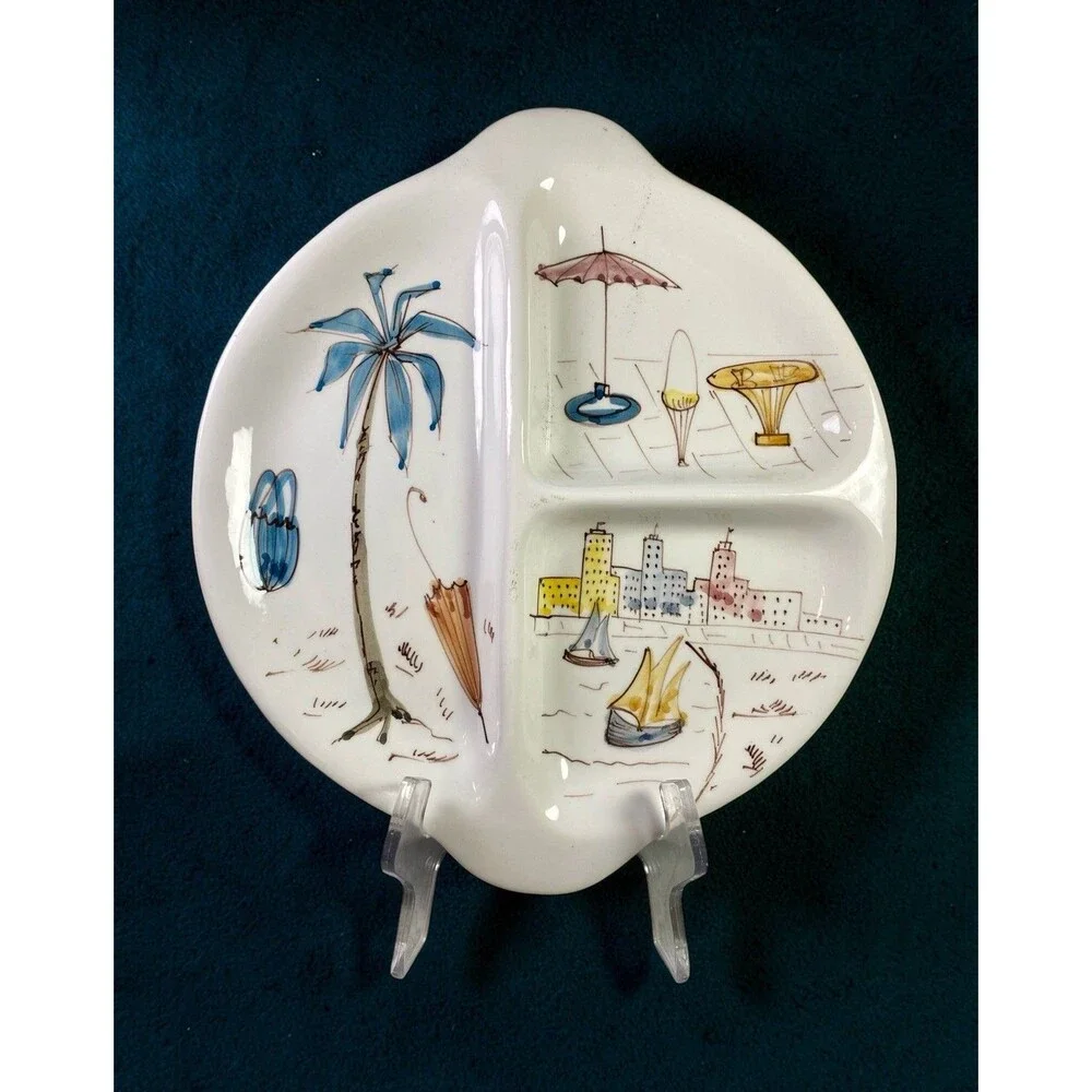Vintage Italy Hand Painted Divided Relish Tray Ashtray Coastal Beach MCM Decor